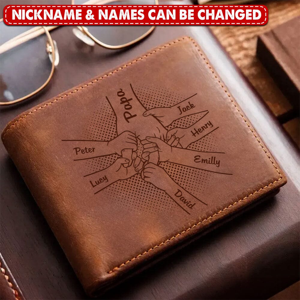 Personalized Hands Clenched Custom Father & Kid Names Gift for Dad Laser Leather Wallet NVL28NOV23TP2 Leather Wallet HumanCustom - Unique Personalized Gifts Made Just for You 