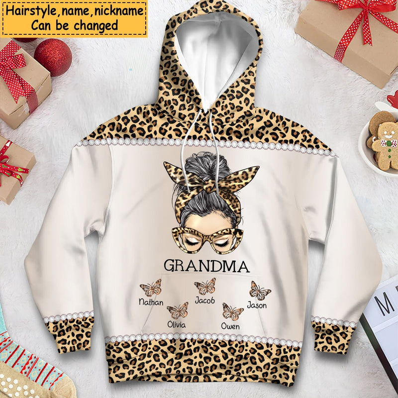 Messy Bun Grandma Mom Nana Leopard Butterfly Kids 3D Hoodie