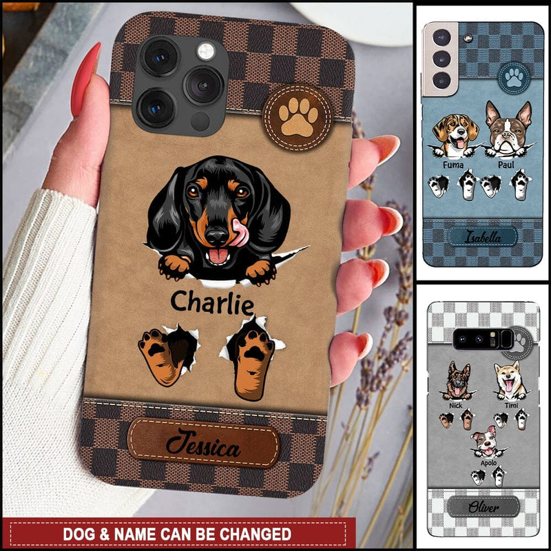 Discover Puppy Pet Dog Pawprint Lovers Crack & Leather Check Pattern Personalized Phone Case