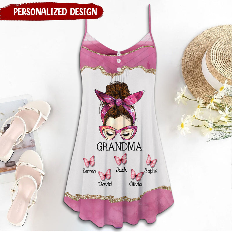 Discover Pink Themed Messy Bun Grandma Mom With Butterfly Kids Personalized Summer Dress
