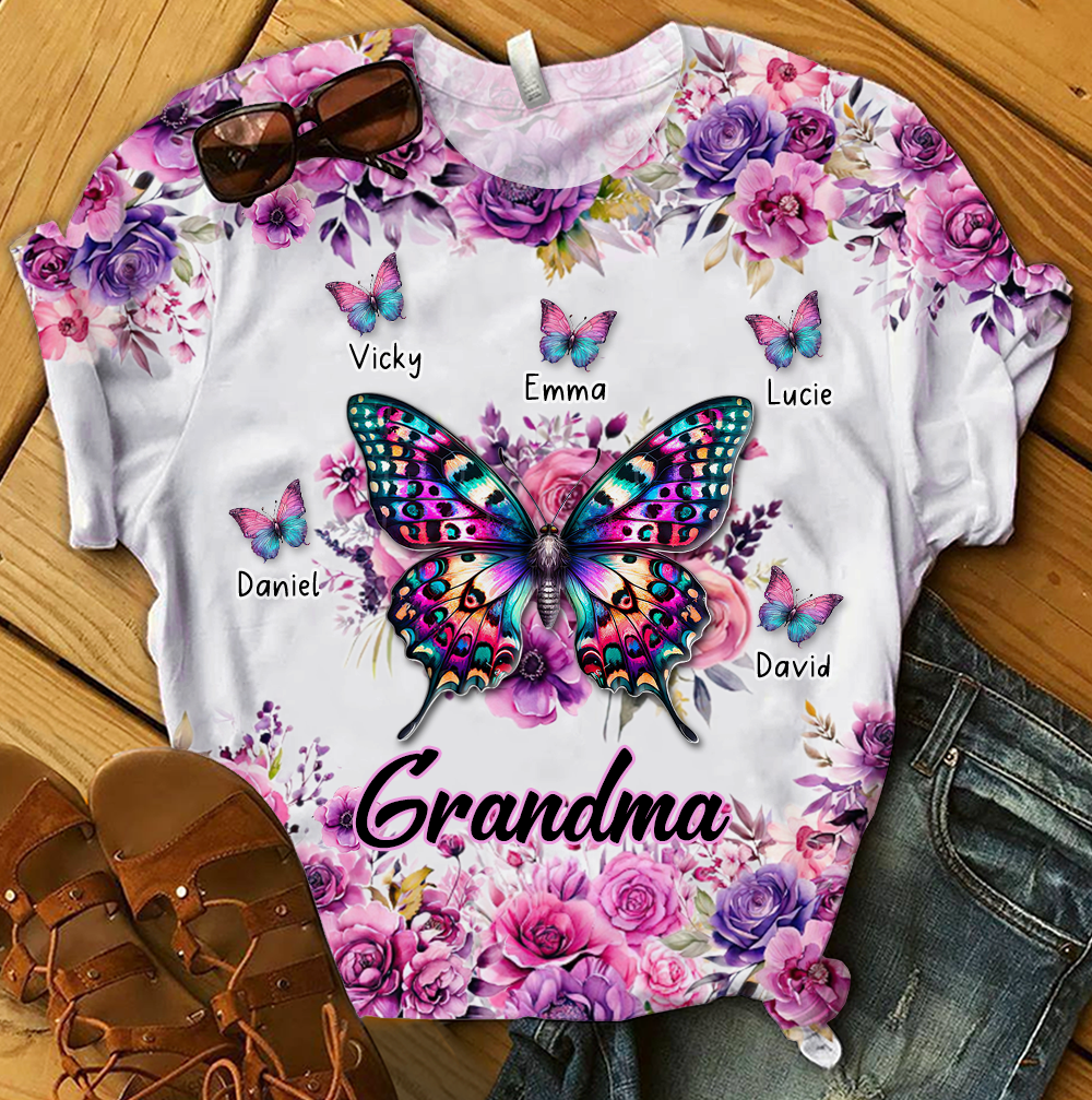 Purple & Pink Floral Butterfly Grandma Personalized 3D T-shirt VTX05APR24KL1