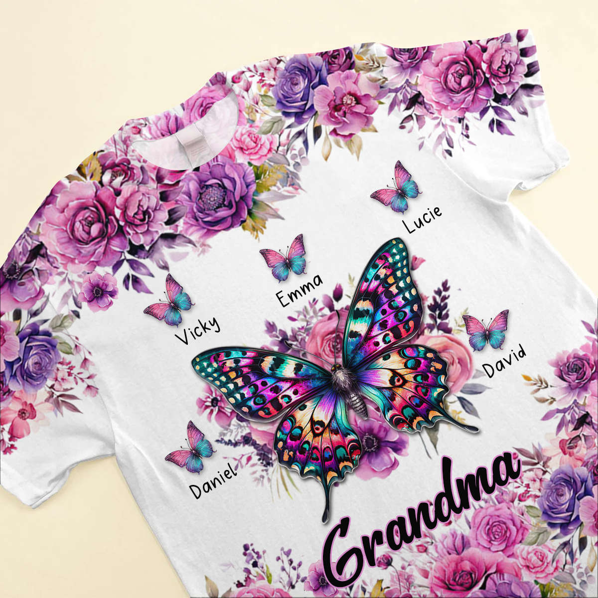 Purple & Pink Floral Butterfly Grandma Personalized 3D T-shirt VTX05APR24KL1