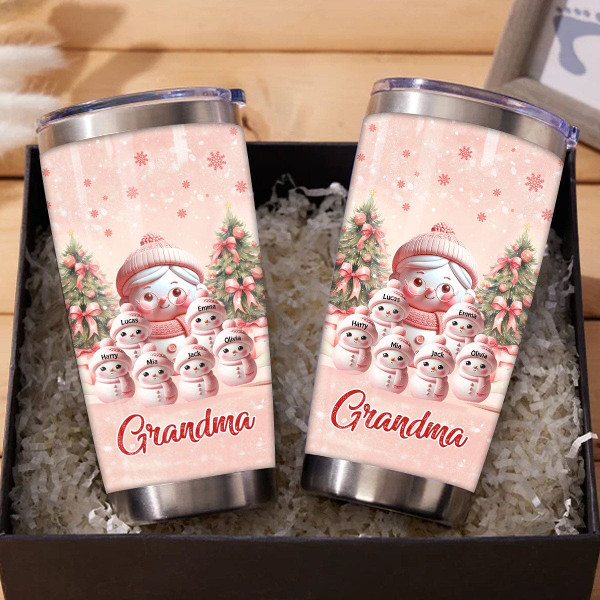 Pink Sky Snowman Grandma With Cute Little Snowman Kids Personalized Glitter Tumbler VTX06DEC23VA1 Glitter Tumbler HumanCustom - Unique Personalized Gifts Made Just for You 20 Oz 