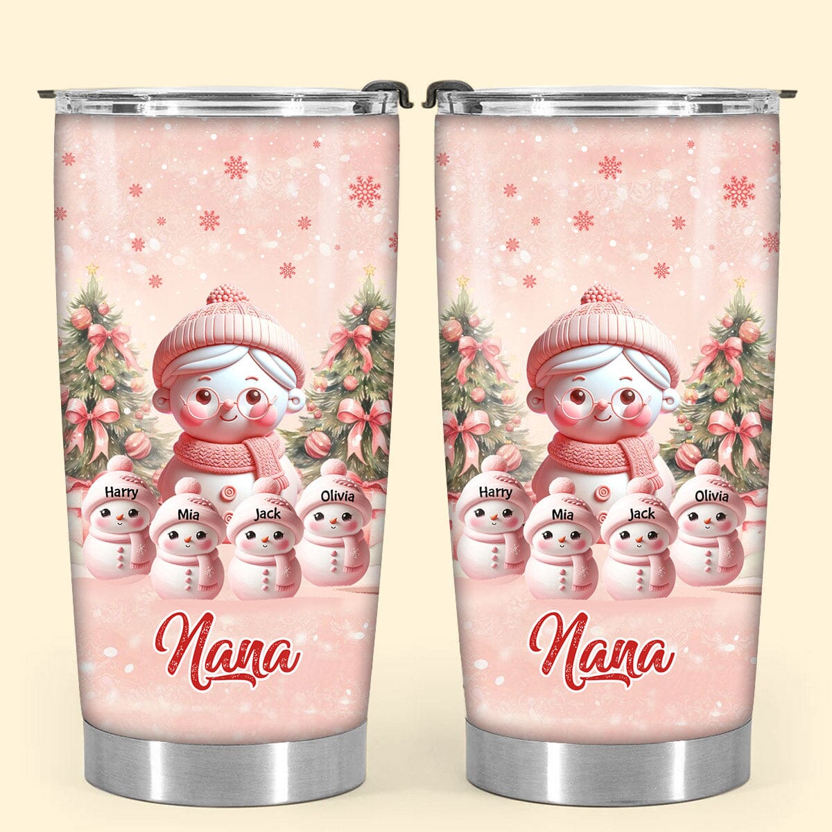 Pink Sky Snowman Grandma With Cute Little Snowman Kids Personalized Glitter Tumbler VTX06DEC23VA1 Glitter Tumbler HumanCustom - Unique Personalized Gifts Made Just for You 