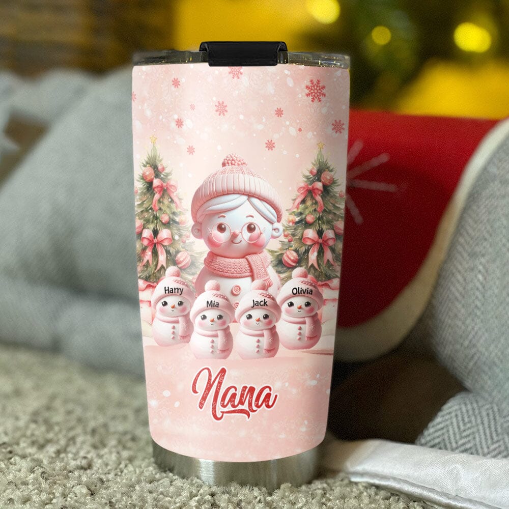 Pink Sky Snowman Grandma With Cute Little Snowman Kids Personalized Glitter Tumbler VTX06DEC23VA1 Glitter Tumbler HumanCustom - Unique Personalized Gifts Made Just for You 