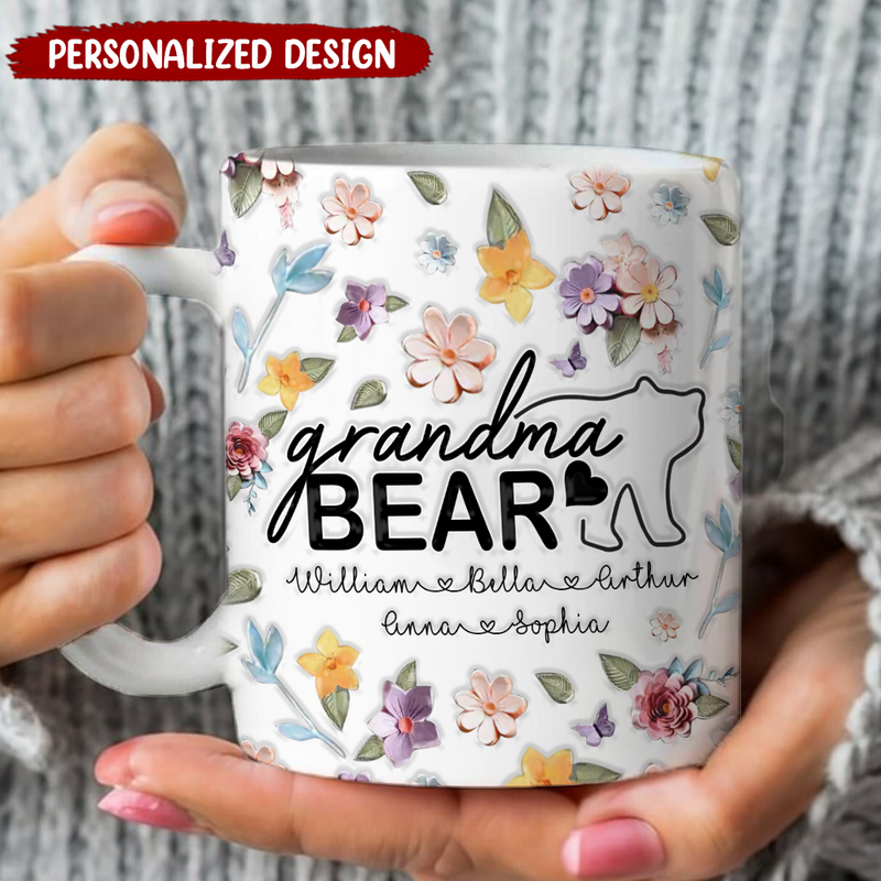 Discover 3D Inflated Effect Grandma Bear Floral Pattern Personalized Mug