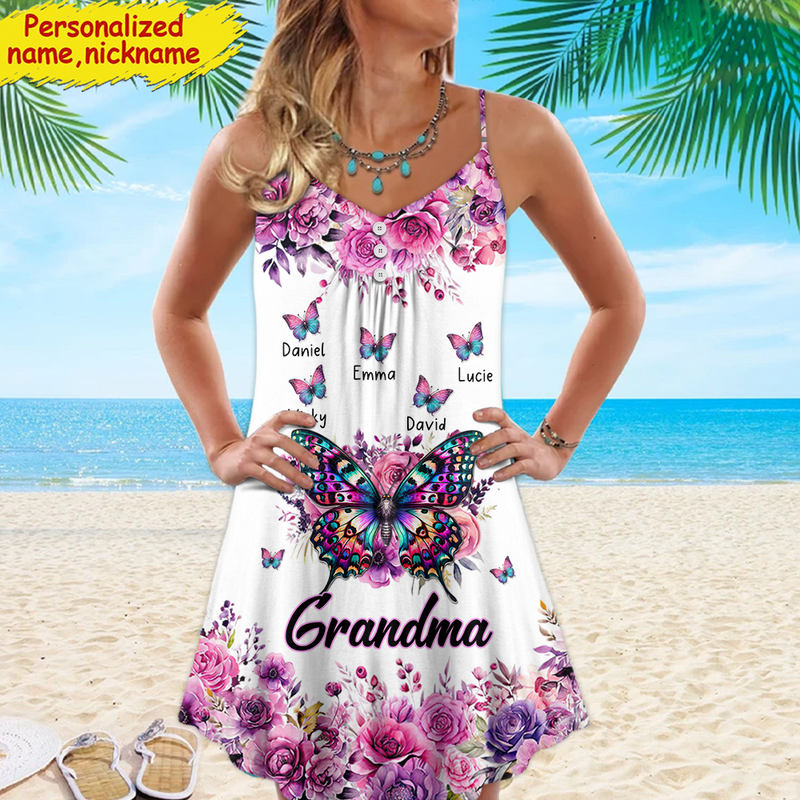Discover Purple & Pink Floral Butterfly Grandma Personalized Summer Dress