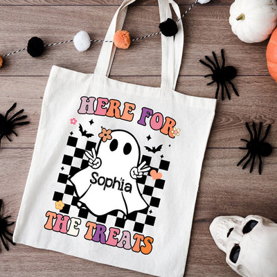 Here For The Treats Cute Ghost Personalized Halloween Tote Bag VTX10AUG23KL1