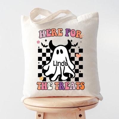 Here For The Treats Cute Ghost Personalized Halloween Tote Bag VTX10AUG23KL1