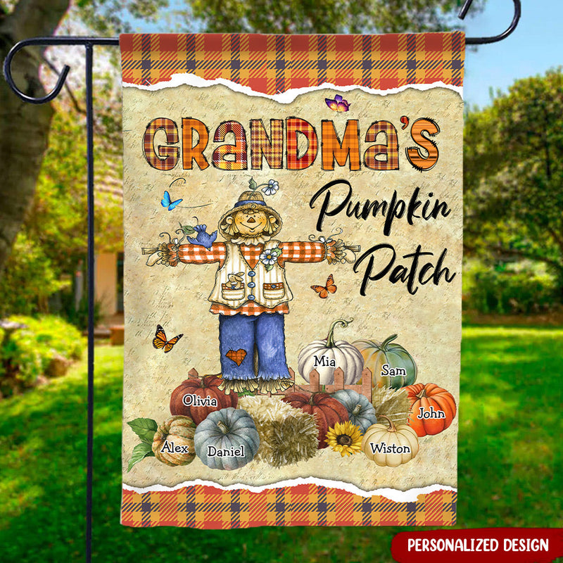 Fall Season Scarecrow Grandma With Pumpkin Kids Personalized House Garden Flag