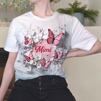3D Effect Crack In A Wall Pink Butterflies Personalized 3D T-shirt Gift For Grandma/Mom VTX11APR24TT2