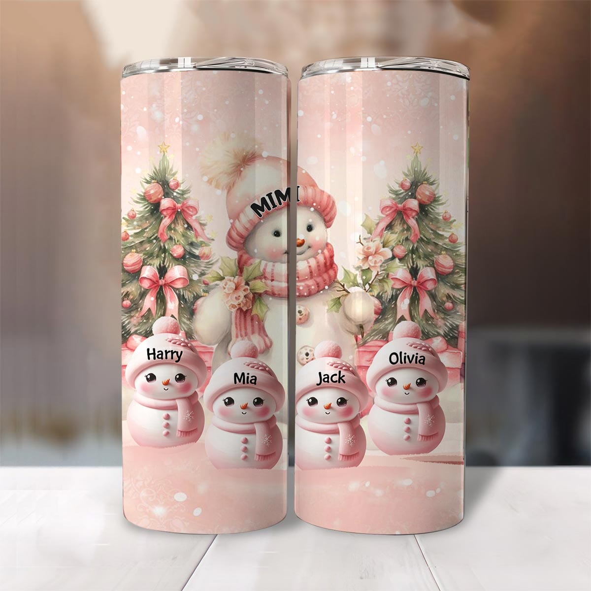 Pink Sky Snowman Grandma With Cute Little Snowman Kids Personalized Skinny Tumbler VTX13NOV23VA1 Skinny Tumbler HumanCustom - Unique Personalized Gifts Made Just for You 