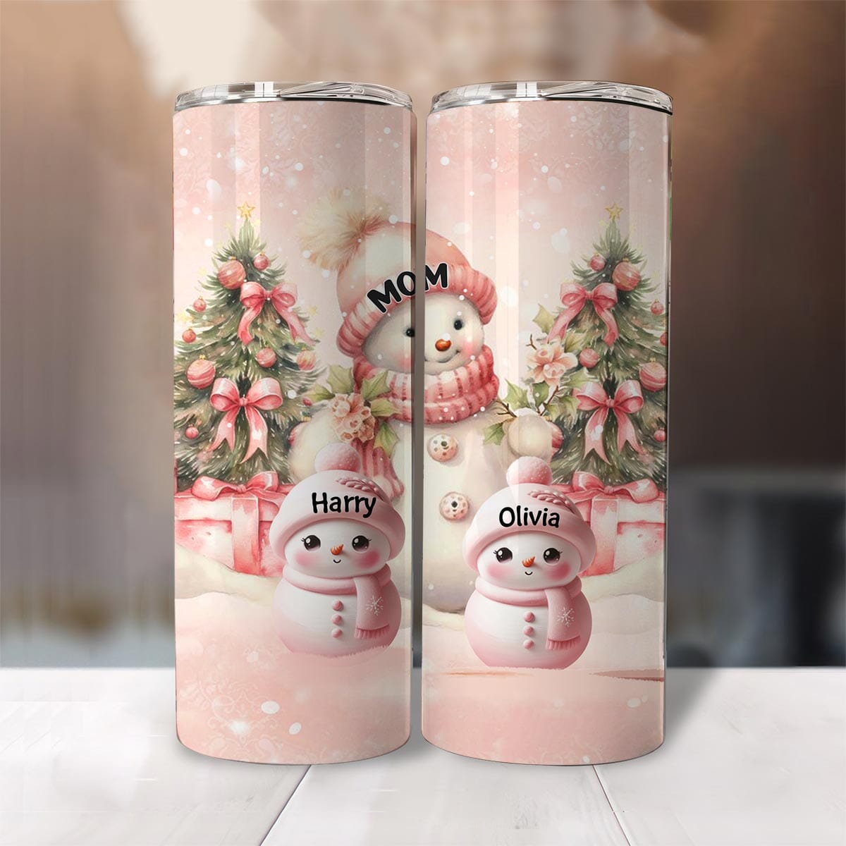 Pink Sky Snowman Grandma With Cute Little Snowman Kids Personalized Skinny Tumbler VTX13NOV23VA1 Skinny Tumbler HumanCustom - Unique Personalized Gifts Made Just for You 