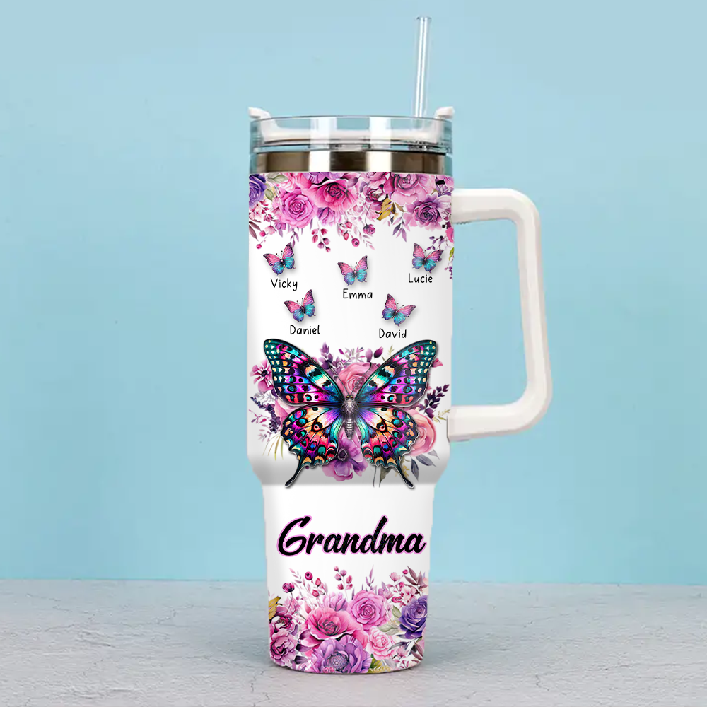 Purple & Pink Floral Butterfly Grandma Personalized 40Oz Tumbler With Straw VTX15APR24KL1