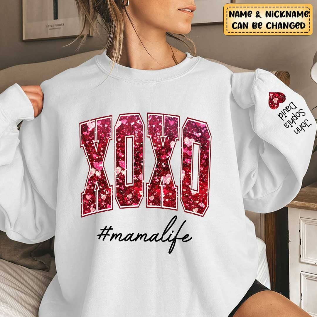 XOXO Mama Life Sparkling Faux Sequin Pattern Personalized 2D Sweatshirt Sleeve Custom VTX16DEC23KL1 2d sweatshirt HumanCustom - Unique Personalized Gifts Made Just for You Sweatshirt White S