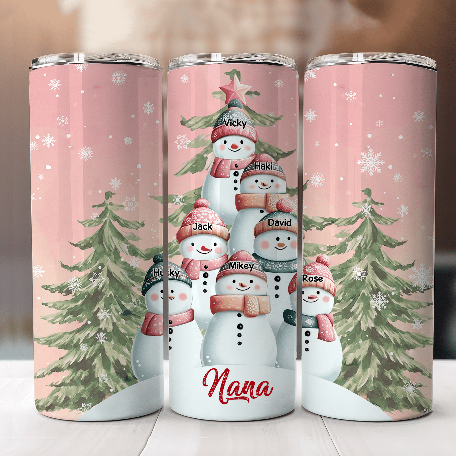 Pink Sky Pine Tree Shaped Snowman Kids Personalized Skinny Tumbler Gift For Grandma Mom VTX17NOV23KL2 Skinny Tumbler HumanCustom - Unique Personalized Gifts Made Just for You 