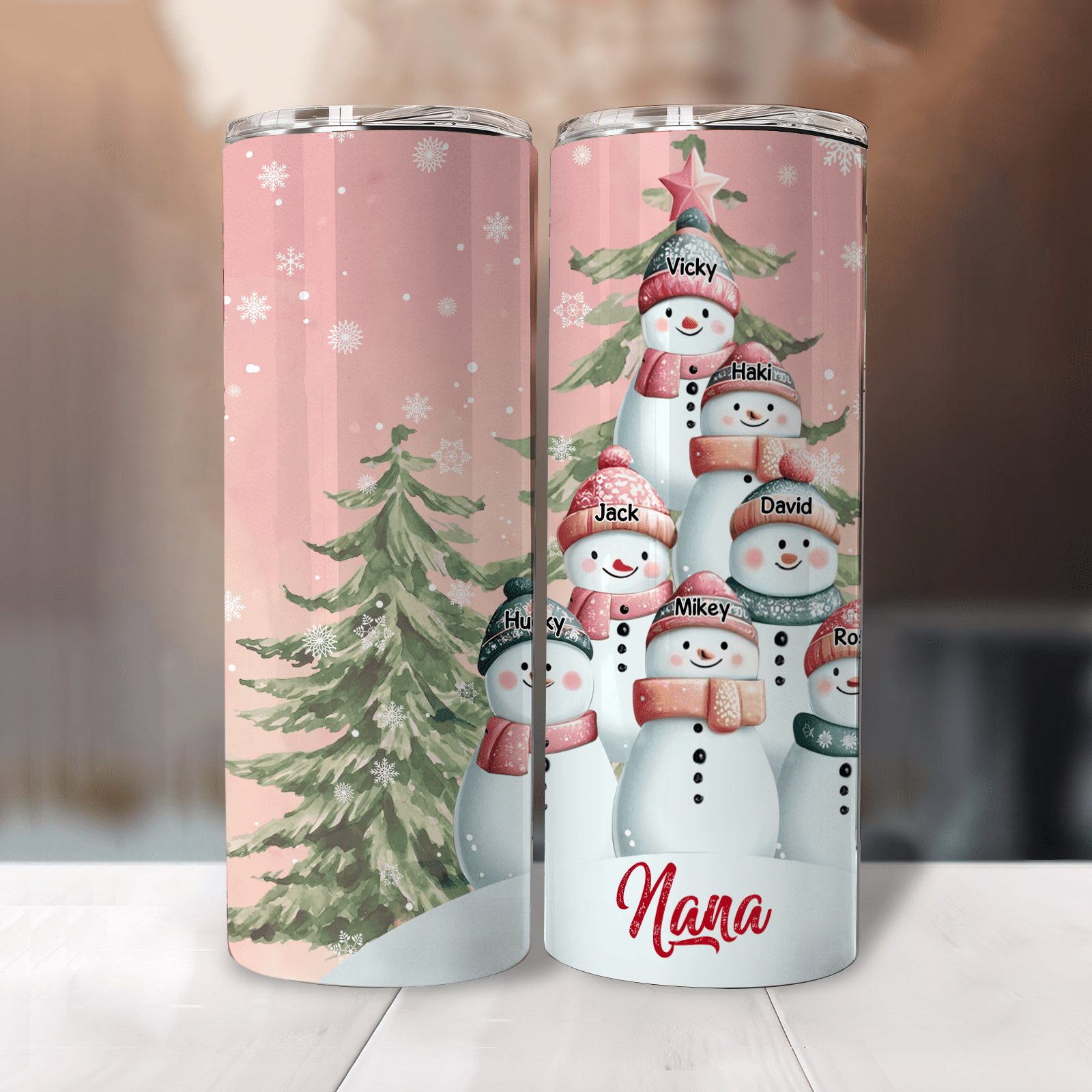 Pink Sky Pine Tree Shaped Snowman Kids Personalized Skinny Tumbler Gift For Grandma Mom VTX17NOV23KL2 Skinny Tumbler HumanCustom - Unique Personalized Gifts Made Just for You 