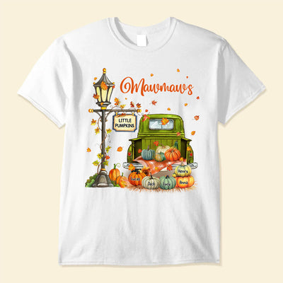 Fall Season Pumpkin Truck Grandma's Little Pumpkins Personalized White T-shirt VTX23AUG23VA1