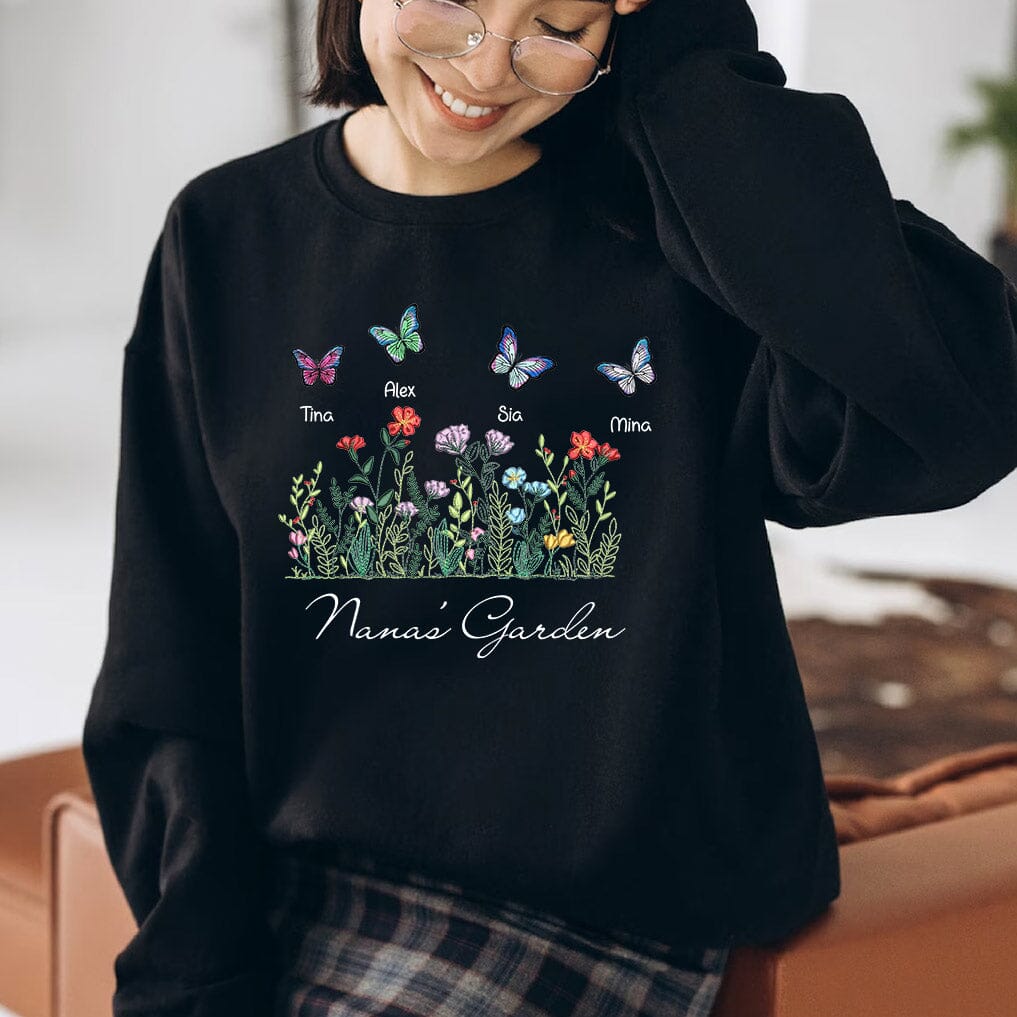 Personalized Grandma's Garden With Butterfly Kids Embroidered Sweatshirt VTX24NOV23NA1 Embroidered Sweatshirt HumanCustom - Unique Personalized Gifts Made Just for You Black S 