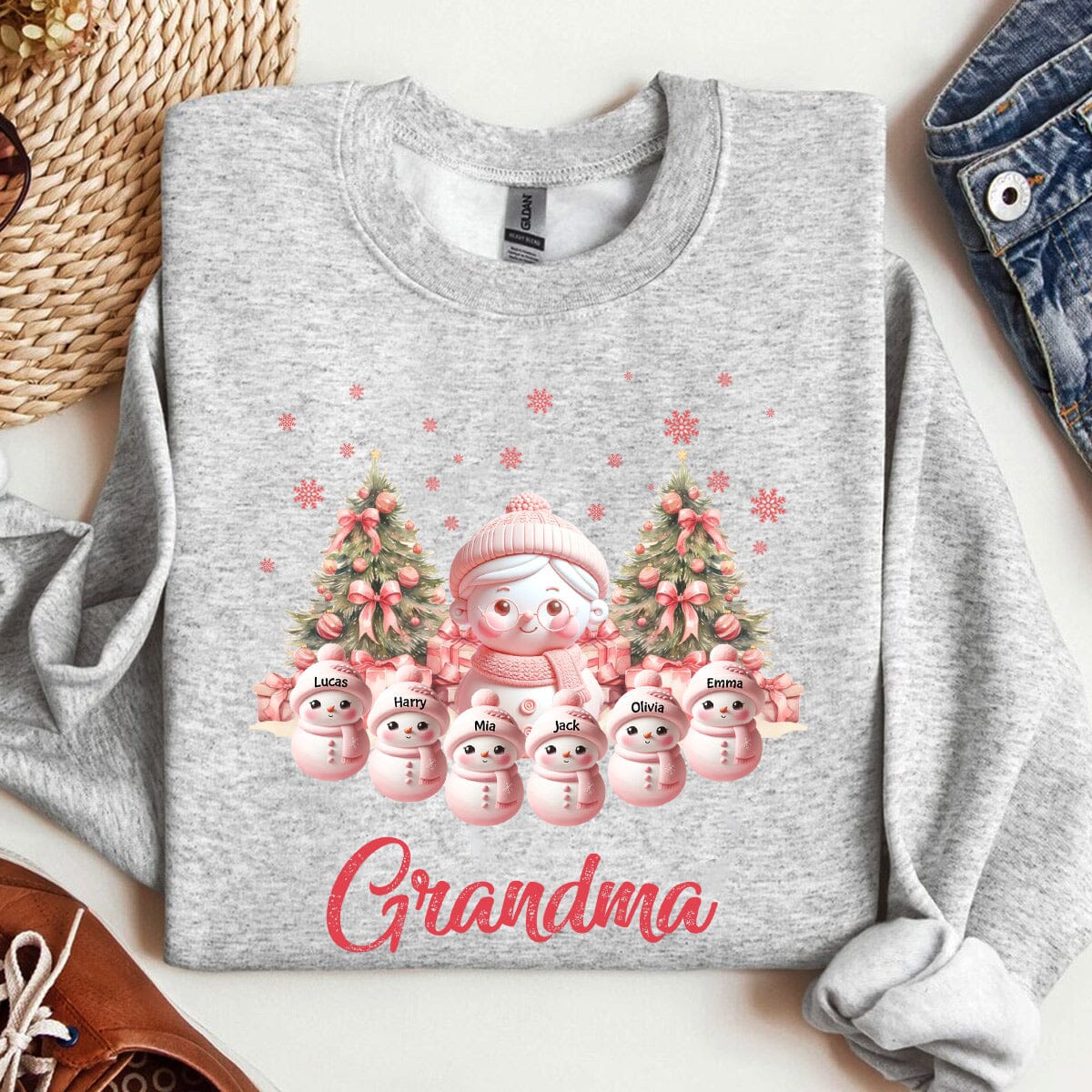 Pink Themed Snowman Grandma With Cute Little Snowman Kids Personalized Sweatshirt VTX28NOV23VA2 2d sweatshirt HumanCustom - Unique Personalized Gifts Made Just for You Sweatshirt White S