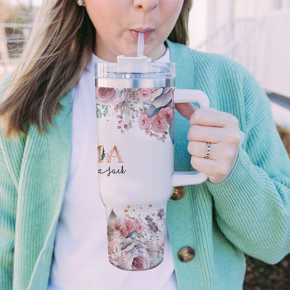 Floral Personalized Tumbler With Straw Gift For Grandma Mom VTX29NOV23TT2 Tumbler With Straw HumanCustom - Unique Personalized Gifts Made Just for You 40OZ 