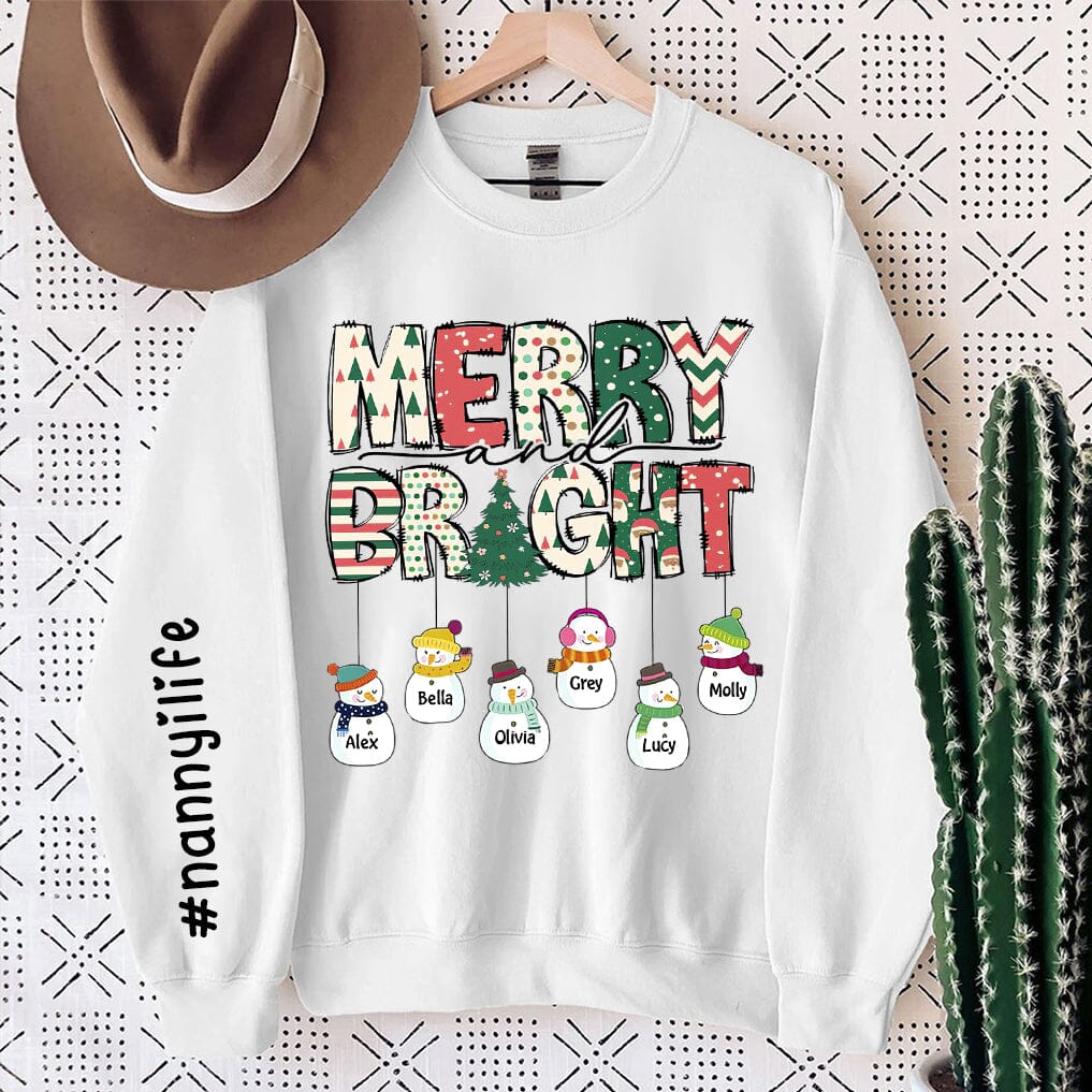 Merry And Bright Nana's Life Cute Snowman Kids Personalized 2D Sweatshirt Sleeve Custom VTX30OCT23TT1 White T-shirt and Hoodie HumanCustom - Unique Personalized Gifts Made Just for You 