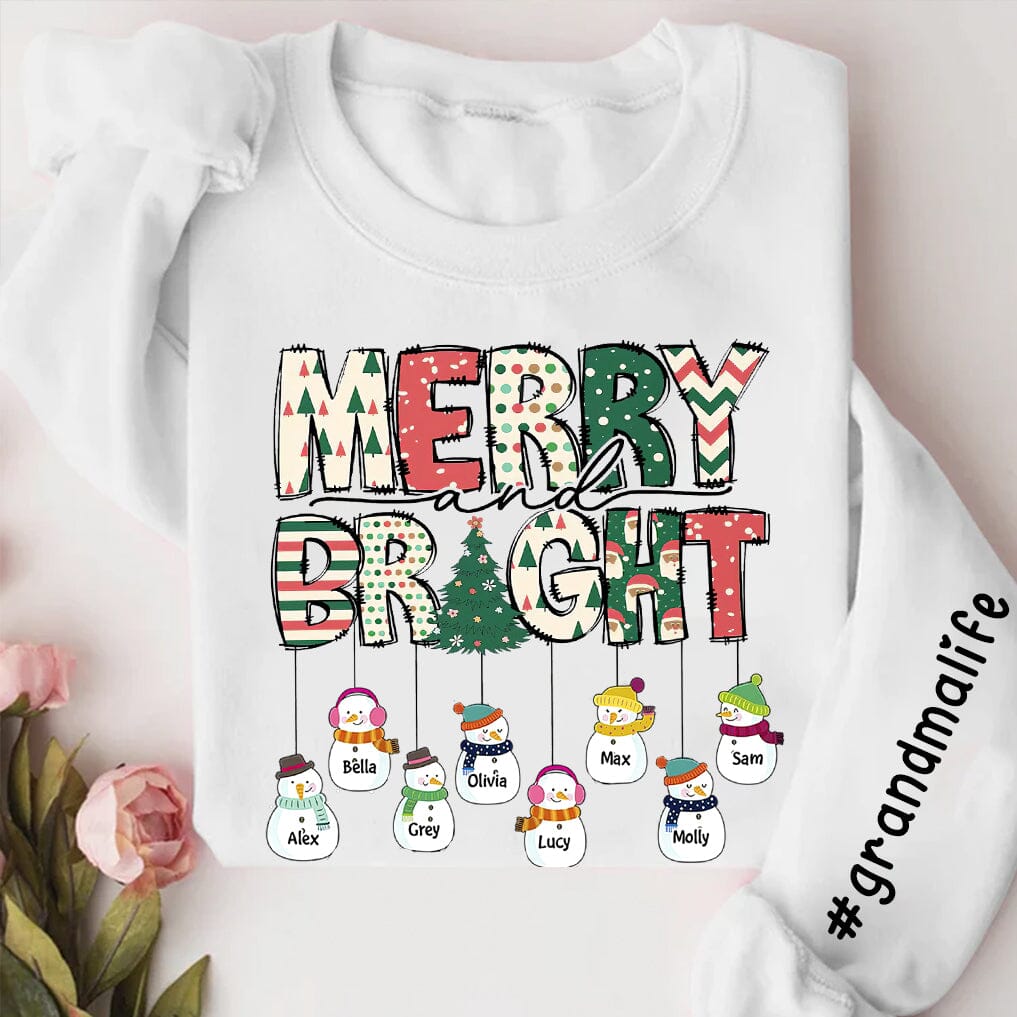 Merry And Bright Nana's Life Cute Snowman Kids Personalized 2D Sweatshirt Sleeve Custom VTX30OCT23TT1 White T-shirt and Hoodie HumanCustom - Unique Personalized Gifts Made Just for You 