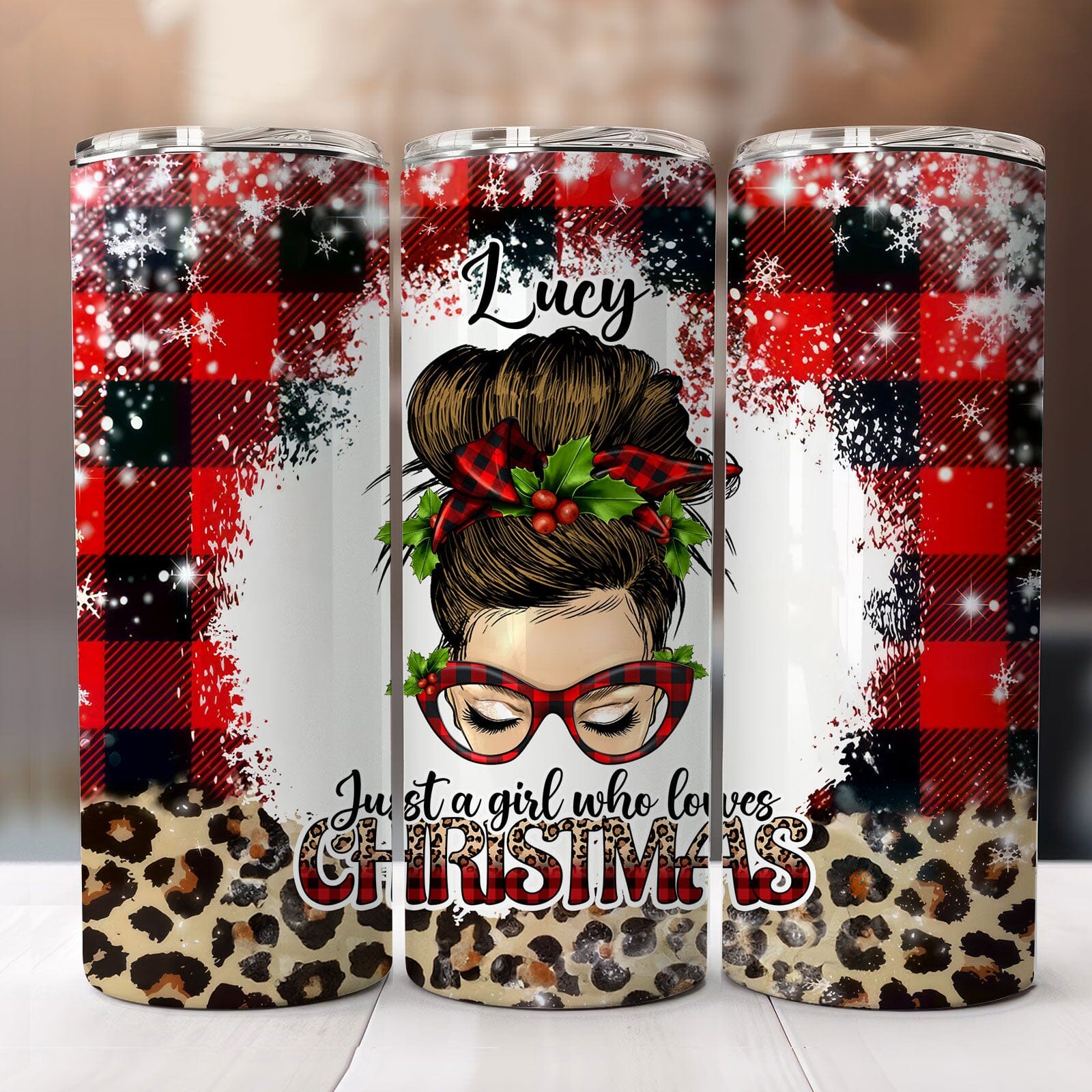 Just A Girl Who Loves Christmas Messy Bun Red Plaid And Leopard Pattern Personalized Skinny Tumbler VTX13NOV23TP1 Skinny Tumbler HumanCustom - Unique Personalized Gifts Made Just for You 20 Oz 