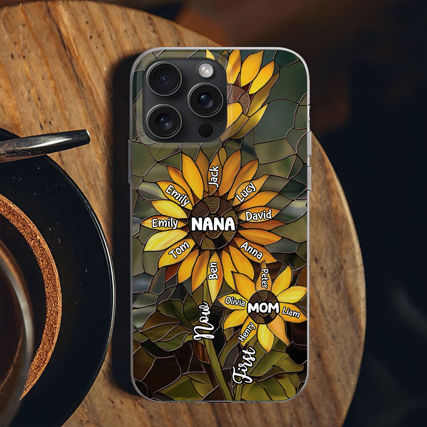 First Mom Now Grandma Sunflower Enter Kid Names Personalized Glass Phone Case NTK24JUN24TP2
