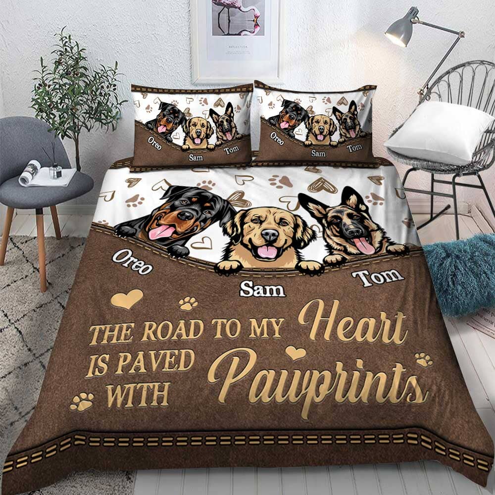 Cute Dogs Pawprints Leather Pattern, The Road To My Heart Is Paved With Pawprints Personalized Bedding Set LPL05DEC23TP2 Bedding Set HumanCustom - Unique Personalized Gifts Made Just for You US TWIN 