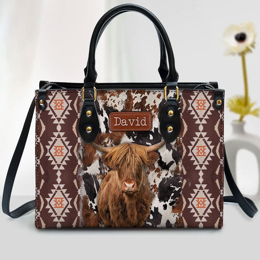 Retro Country Farm Love Cows Cattle Southwestern Cowhide Pattern Personalized Leather Handbag LPL08DEC23TP1 Leather Handbag HumanCustom - Unique Personalized Gifts Made Just for You Black 