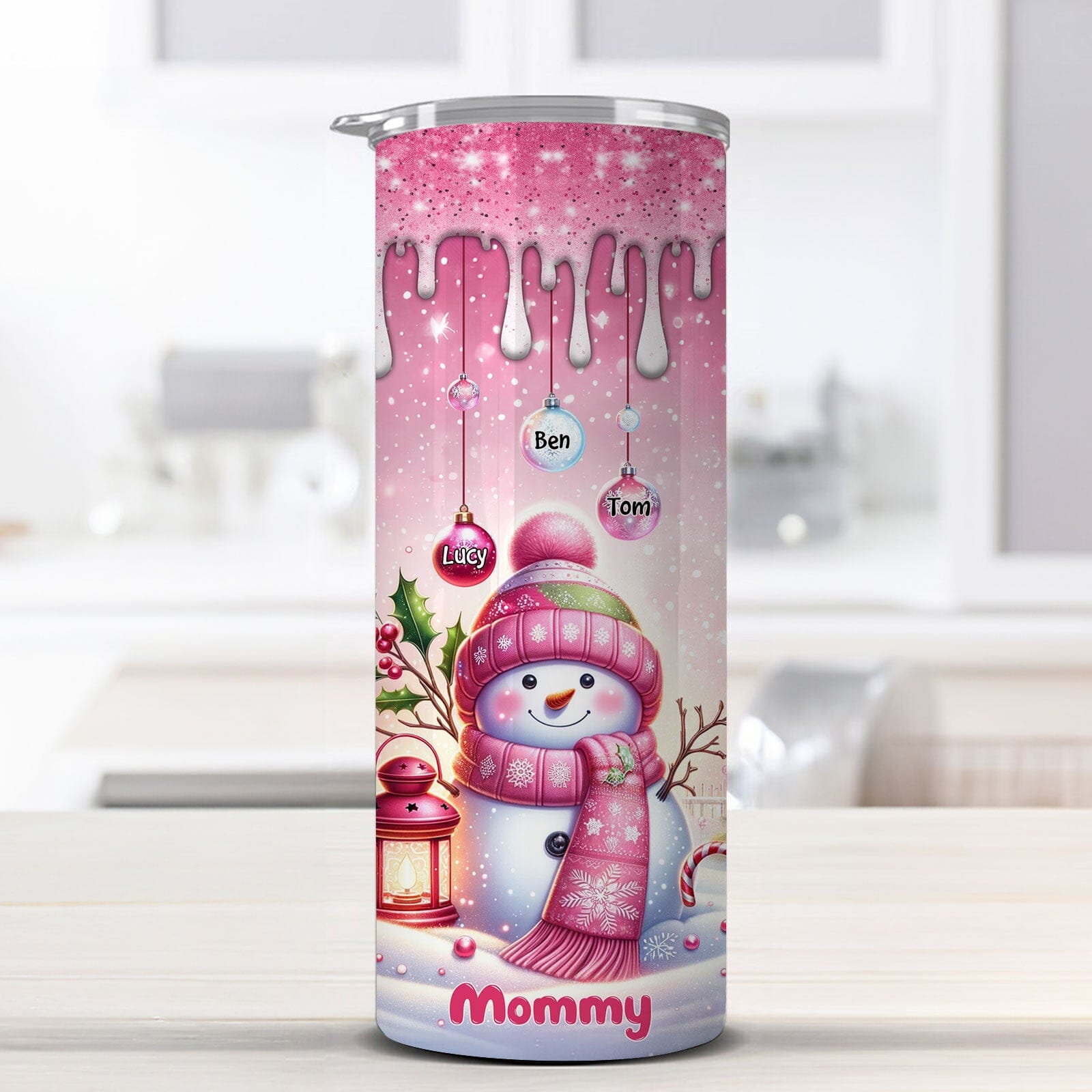 Pinky Glitter Christmas Snowman Grandma Mommy Hanging Snowball Kids Personalized Tumbler LPL06NOV23TP2 Skinny Tumbler HumanCustom - Unique Personalized Gifts Made Just for You 