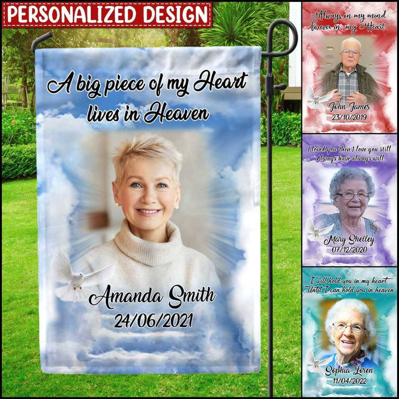 Discover Memorial Upload Photo Gift, A Big Piece Of My Heart Lives In Heaven Personalized Flag