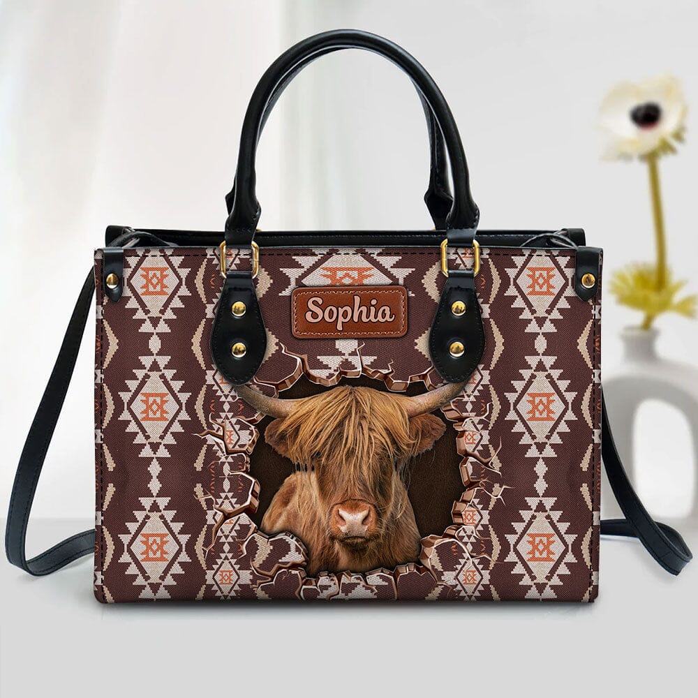 Retro Country Farm Love Cows Cattle Crack Southwestern Cowhide Pattern Personalized Leather Handbag LPL12DEC23TP1 Leather Handbag HumanCustom - Unique Personalized Gifts Made Just for You Black 