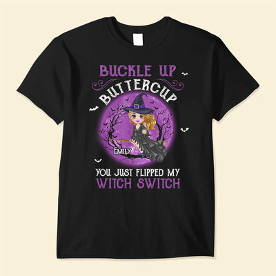 Personalized Halloween Witch Riding Broom, Buckle Up Buttercut Shirt LPL28AUG23TP2