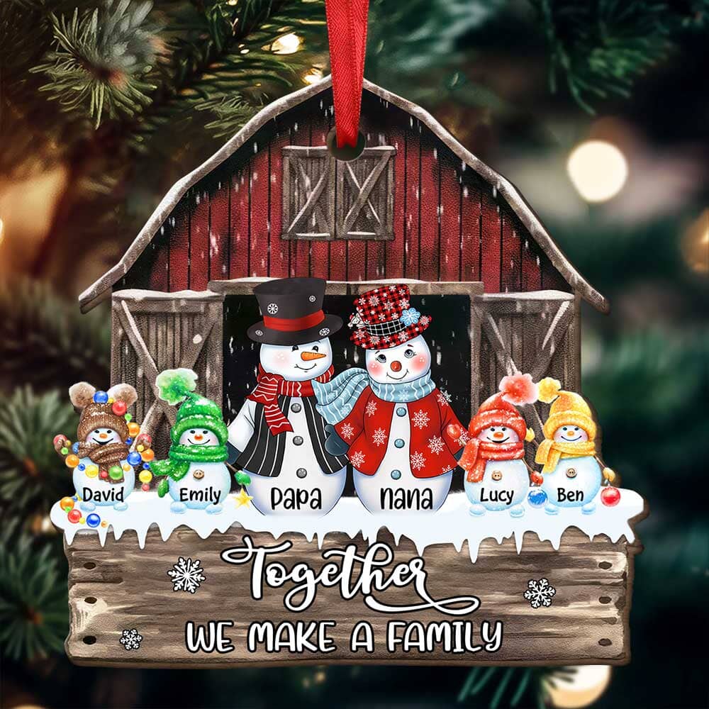 Christmas Family Snowman Nana Papa Dad Mom Kid At Red Barn, Together We Make A Family Personalized Ornament LPL20OCT23TP1 Wood Custom Shape Ornament HumanCustom - Unique Personalized Gifts Made Just for You Pack 1 