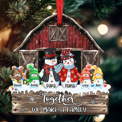 Christmas Family Snowman Nana Papa Dad Mom Kid At Red Barn, Together We Make A Family Personalized Ornament LPL20OCT23TP1 Wood Custom Shape Ornament HumanCustom - Unique Personalized Gifts Made Just for You Pack 1