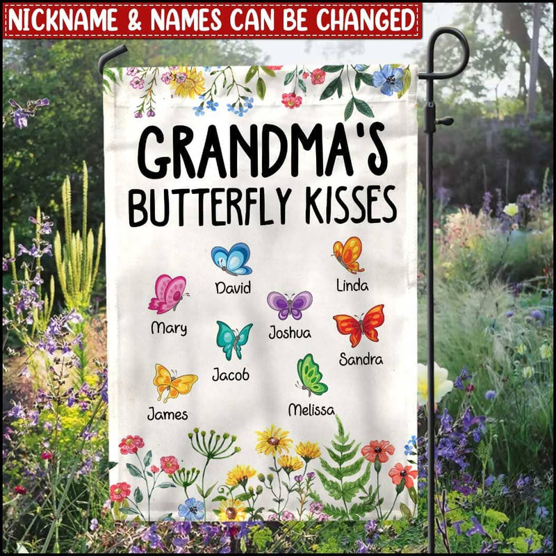 Discover Grandma's Butterfly Kisses Cute Butterflies Grandkids in Flower Garden Personalized Flag Gift for Grandmas Moms Aunties
