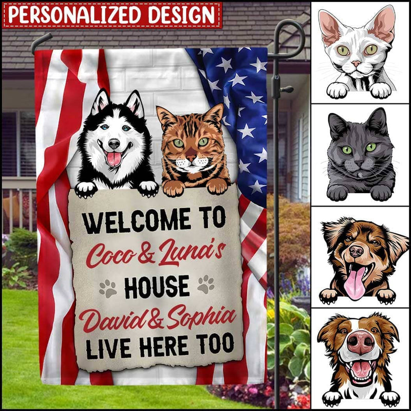 Discover Welcome to our house The human lives here too Cute Dog Puppy Cat Kitty Pet Personalized Garden Flag Pawfect Gift for Pet Lovers