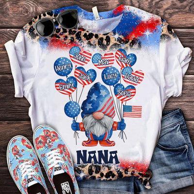4th of July Independence Day Gnome With Balloon Grandkids Leopard Pattern Personalized 3D T-shirt HTN23APR24TP1