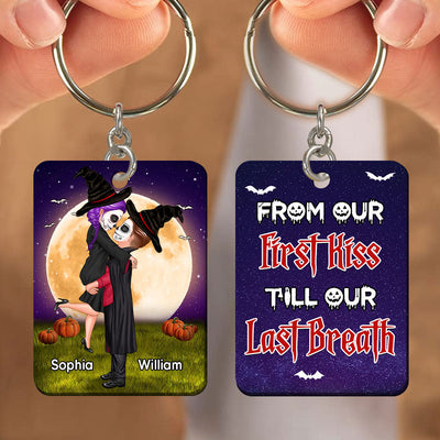 Halloween Couple Kissing and Hugging On Moon, From Our First Kiss Till Our Last Breath Personalized Keychain NVL17JUL23TP1