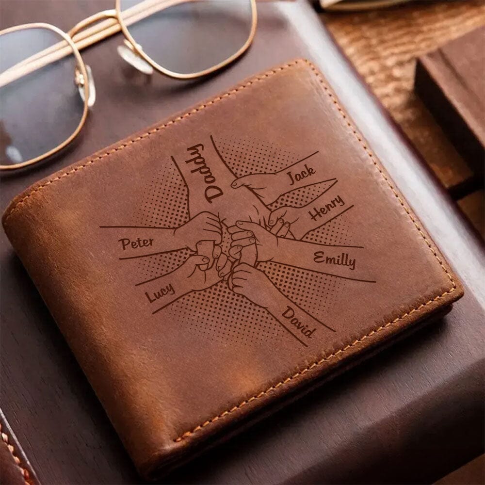 Personalized Hands Clenched Custom Father & Kid Names Gift for Dad Laser Leather Wallet NVL28NOV23TP2 Leather Wallet HumanCustom - Unique Personalized Gifts Made Just for You 