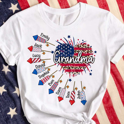 4th of July Heart Patriotic Firework Grandma with Grandkids Personalized White T-shirt and Hoodie HTN17APR24TP1