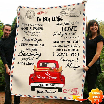 To My Wife God Blessed The Broken Road That Led Me Red Truck Custom Name and Date Anniversary Gifts For Couples Fleece Blanket Fleece Blanket Dreamship Medium (50x60in)