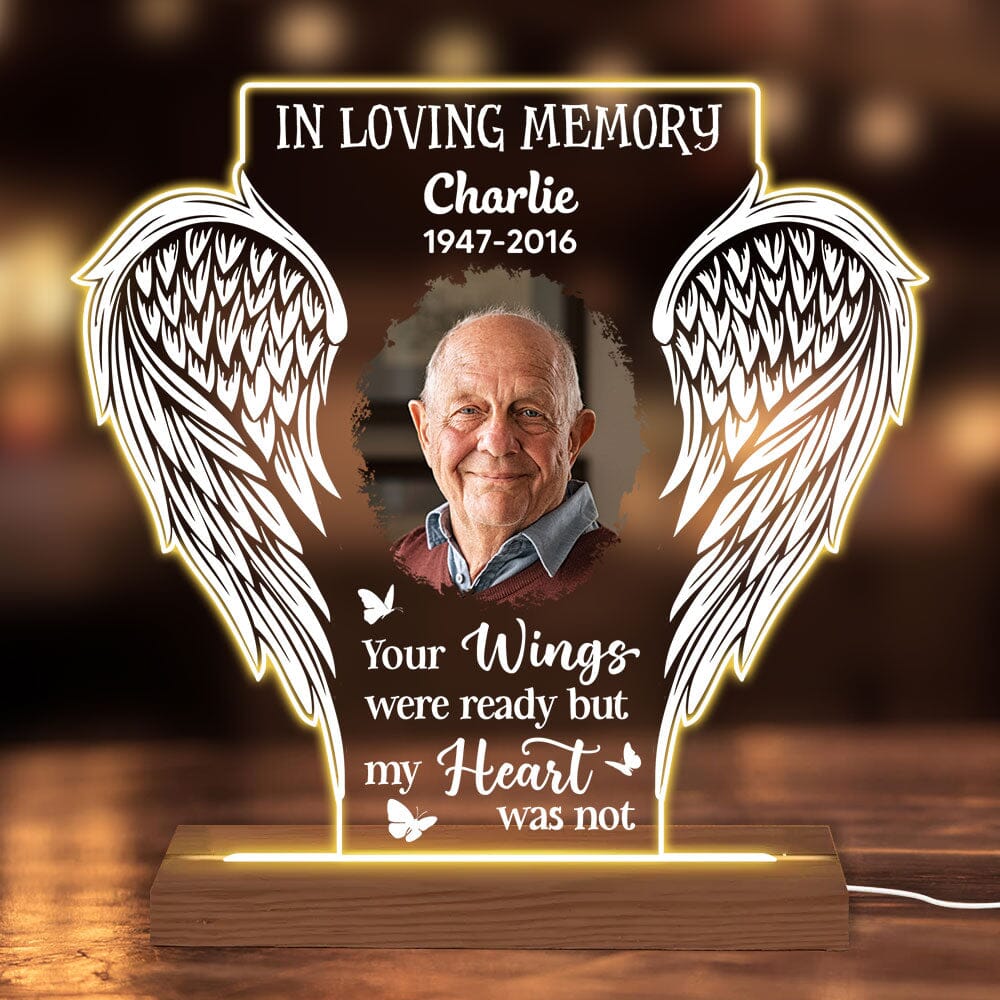 In Loving Memory Upload Photo, Your Wings Were Ready But My Heart Was Not Personalized Acrylic Plaque Led Lamp Night LPL27NOV23TP2 Acrylic Plaque LED Lamp Night Light HumanCustom - Unique Personalized Gifts Made Just for You 