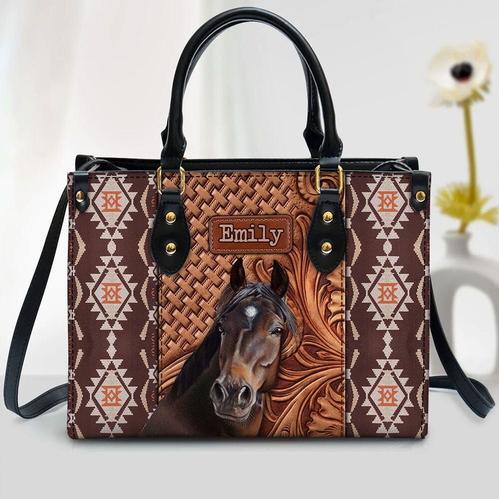 Love Horse Breeds Southwestern Wood Pattern Personalized Leather Handbag LPL08DEC23TP3 Leather Handbag HumanCustom - Unique Personalized Gifts Made Just for You Black 