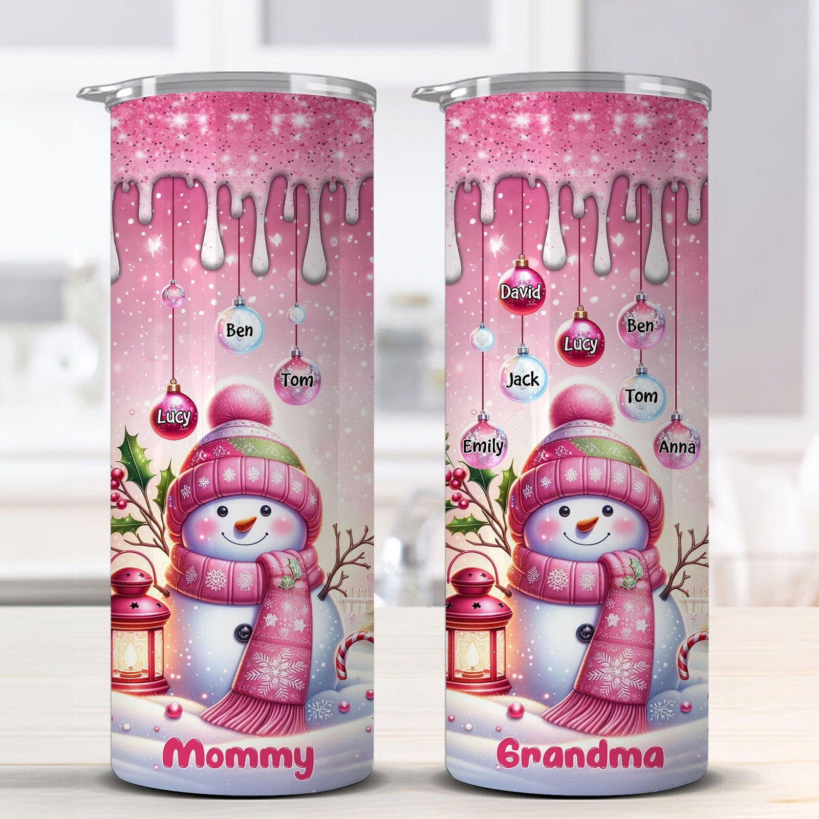 Pinky Glitter Christmas Snowman Grandma Mommy Hanging Snowball Kids Personalized Tumbler LPL06NOV23TP2 Skinny Tumbler HumanCustom - Unique Personalized Gifts Made Just for You 20 Oz 