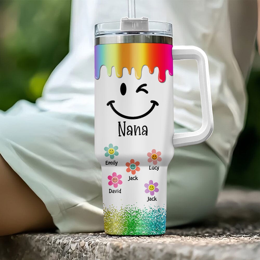 Grandma Mom Smile Face Flower Kids Personalized Tumbler With Straw LPL29NOV23TP3 Tumbler With Straw HumanCustom - Unique Personalized Gifts Made Just for You 