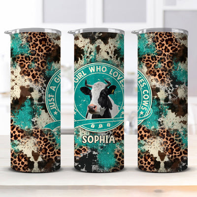 Cowhide Leopard Turquoise Glitter Just A Girl Who Loves Cows Cattle Farm Highland Holstein Cow Personalized Skinny Tumbler LPL12JUL23TP1