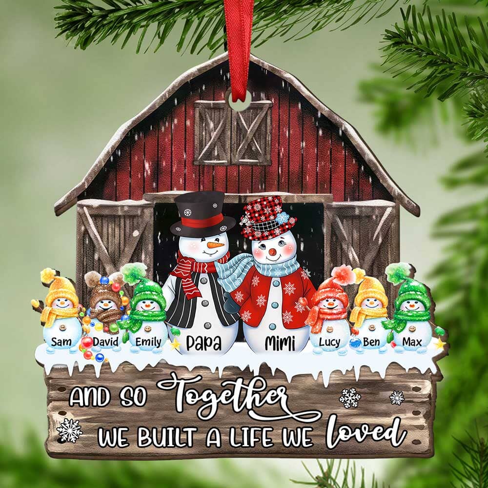 Christmas Family Snowman Nana Papa Dad Mom Kid At Red Barn, Together We Make A Family Personalized Ornament LPL20OCT23TP1 Wood Custom Shape Ornament HumanCustom - Unique Personalized Gifts Made Just for You 